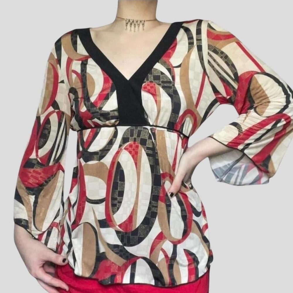 VTG Y2K Flared Bell Sleeve Tie Back V Neck top M/L